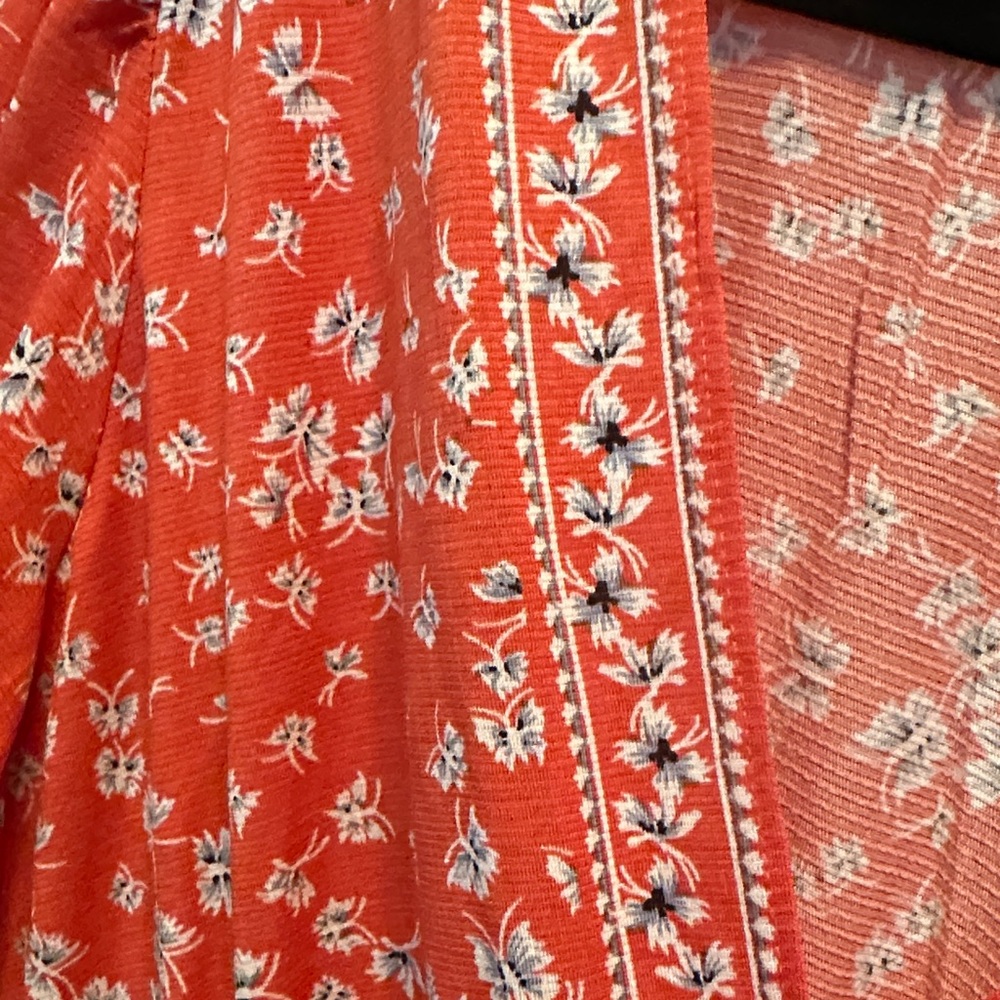 Floral Reddish Orange V-Neck Smocked Waist Flutter Sleeve Dress Size Large - Picture 7 of 11